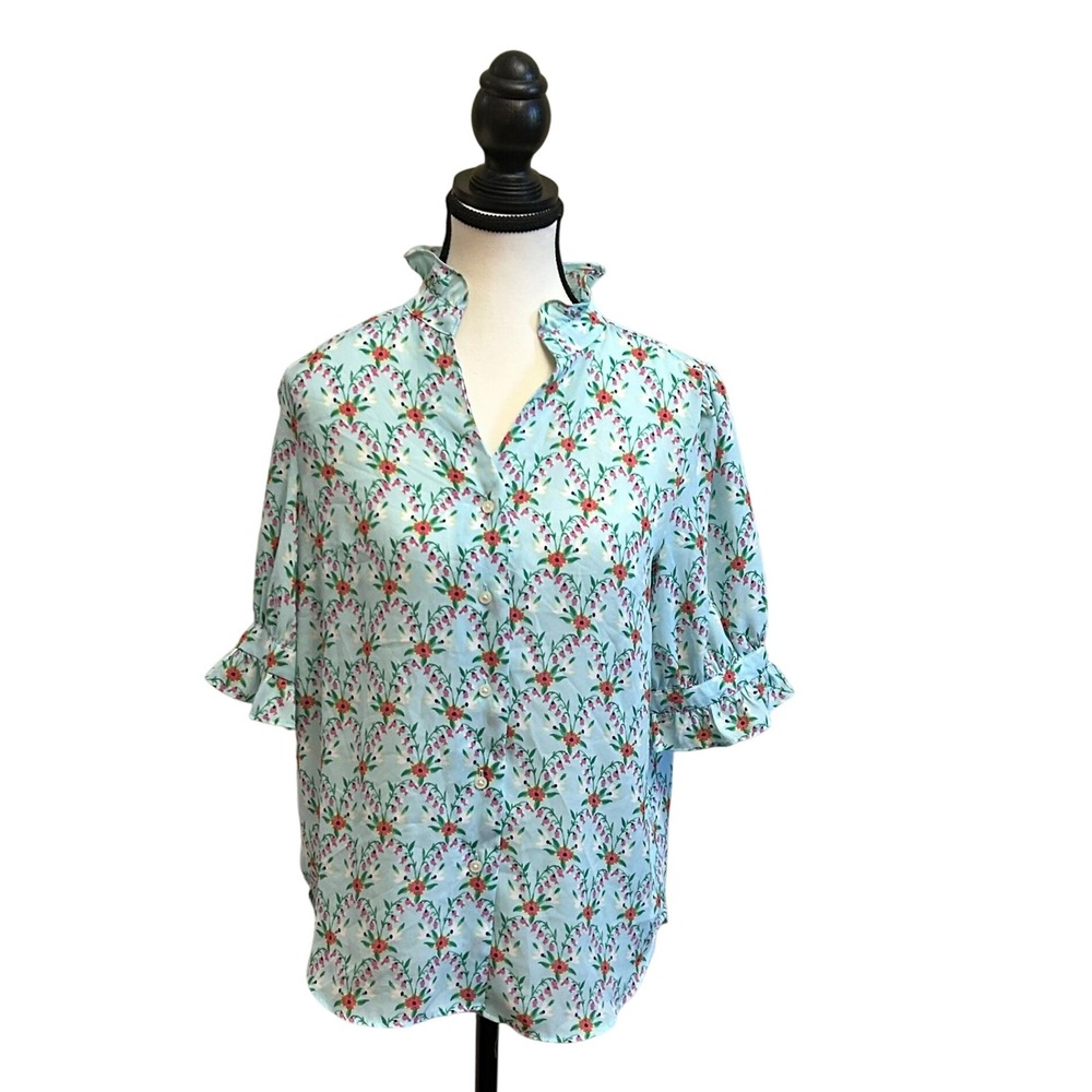 Ann Taylor Womens Floral Ruffle Neck‎ 3/4 Sleeve Blouse Top XS